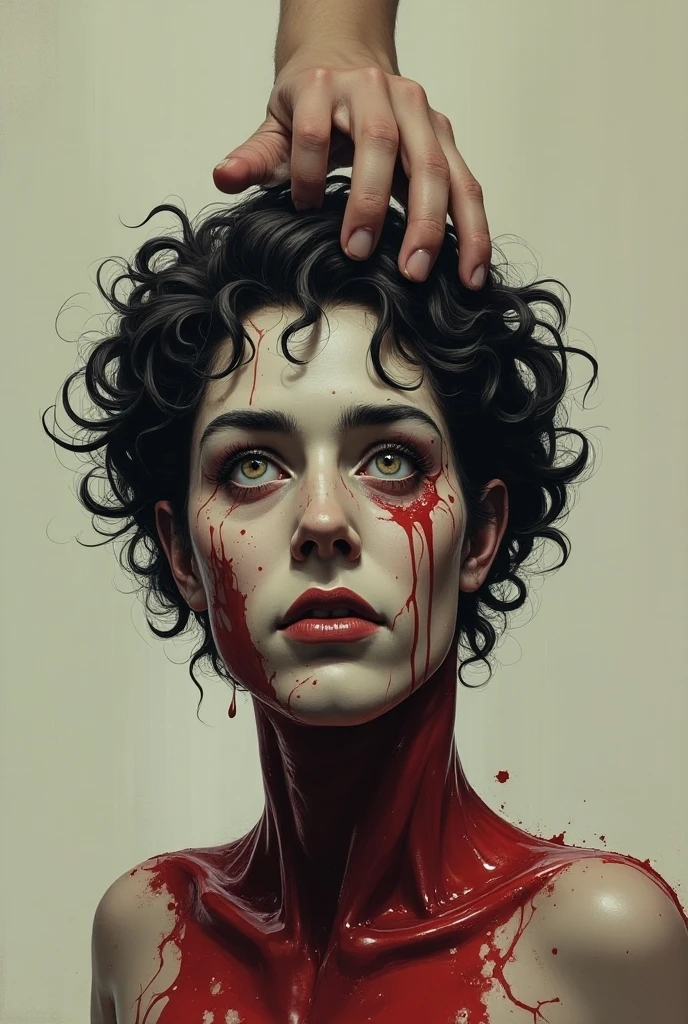 Naked girl dancing in a rain of blood with very sexy naughty smile in sexy pose while whole body visible with transparent top and nipples visible. high detail of very sexy scene in 4k. realism
