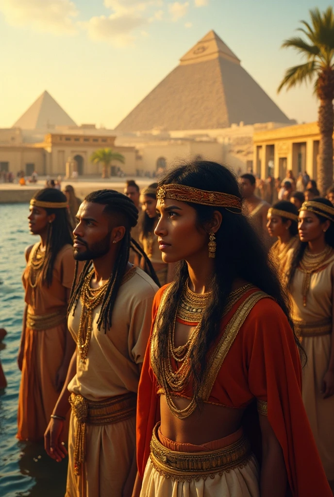 Ancient Egyptian city with 4 guards facing the camera two female two male black weapons
