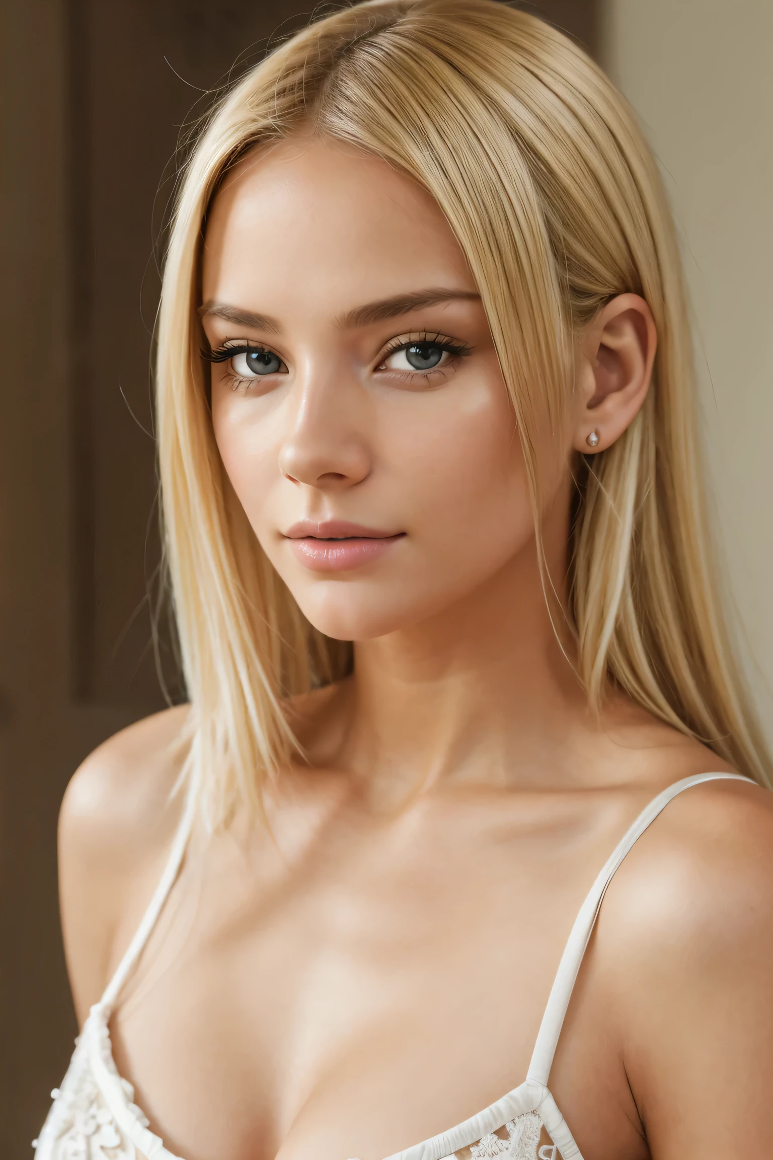 Create an ultra high resolution, detailed portrait of a 22 year old Swedish woman with blonde hair, schulterlangen Haaren. She is wearing elegant black lingerie. Das Bild soll den Eindruck erwecken, as if it was taken by a professional photographer in a beautiful bedroom. Die Kameraeinstellungen sollten einer Nikon Z9 mit einer Blende von f1.2 und einer Brennweite von 85mm nachempfunden sein. Der Fokus liegt auf perfekter Haut und perfekten Lippen, the lighting should be soft and natural, to enhance the beauty of the scene.