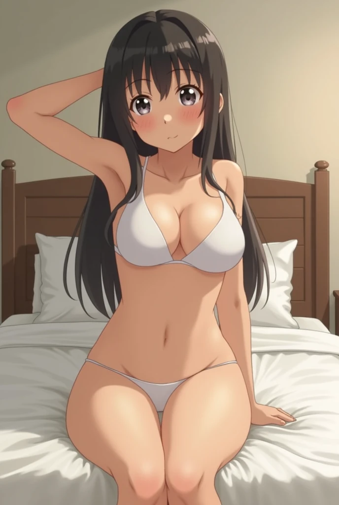 shinkai makoto, kimi no na wa., 1girl, bangs, black hair, brown eyes, waterfall braid, red ribbon, long hair, solo, blush, looking at the viewer, arms up, sexy pose, cute, bedroom, night, lamp, light off, light pink bra, breast, medium breast, light pink panties, masterpiece,