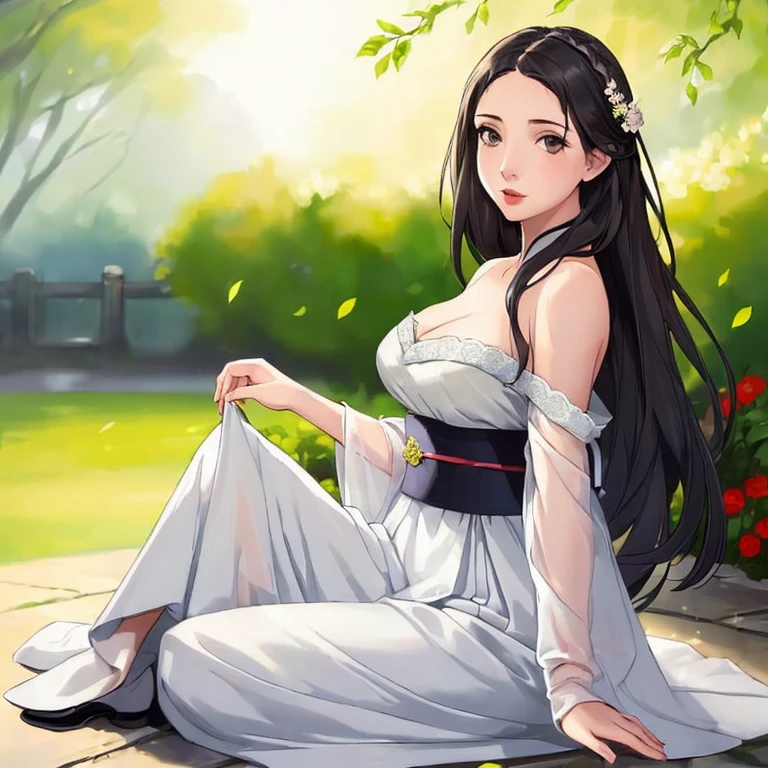 (masterpiece, best quality),1girl with long white hair sitting in a field of green plants and flowers, her hand under her chin, warm lighting, white dress, blurry foreground