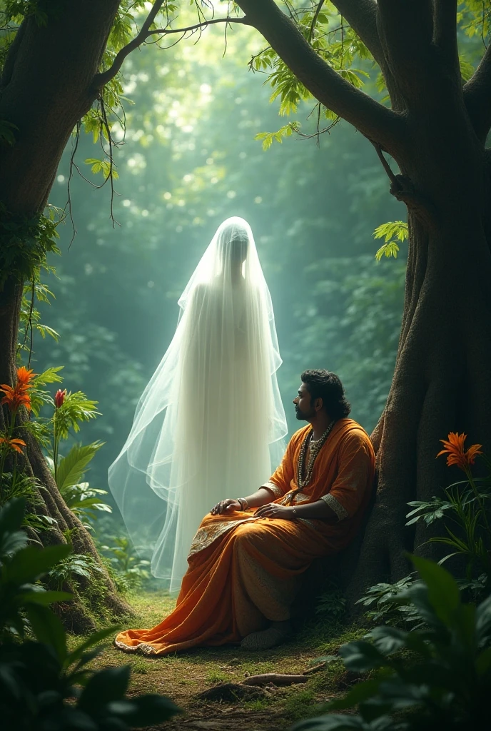 Ghost’s Transformation** - The ghost adopting a humbled posture as it listens to the rishi’s wisdom.