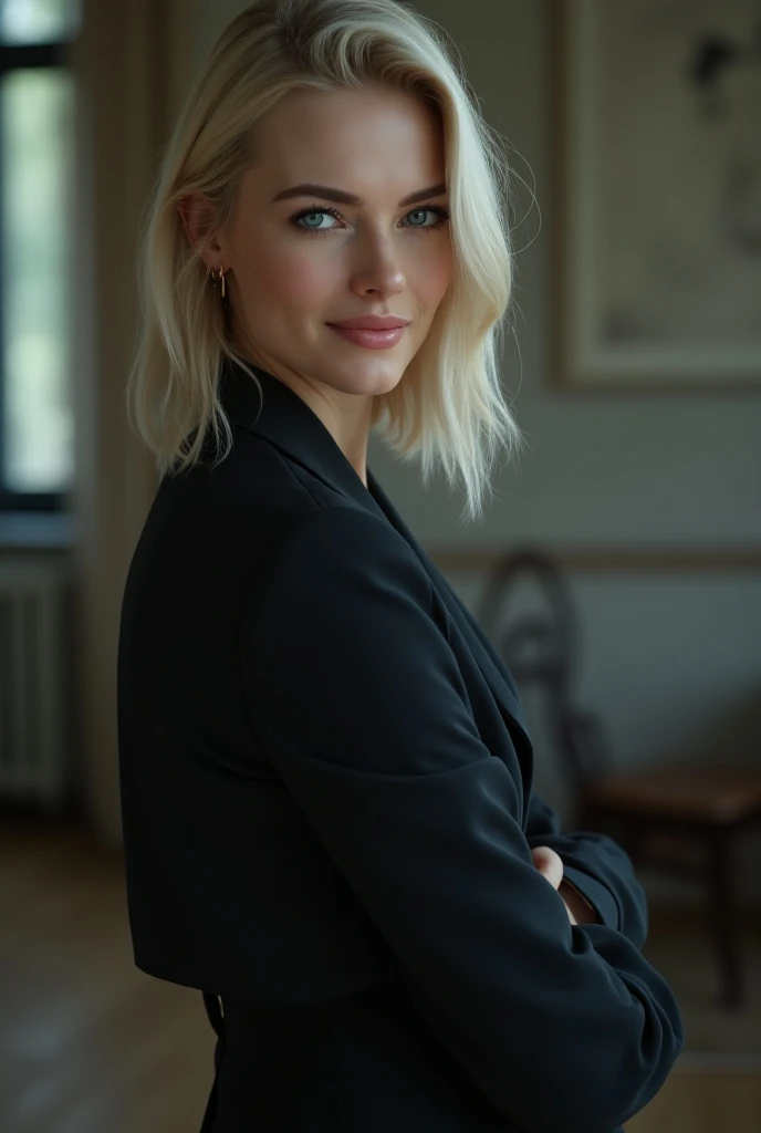 Create a photorealistic, 4K image of a female receptionist in a small modern art gallery. She is 23, platinum blonde and has intense blue eyes. She is dressed in a modern business suit that is slightly non-traditional with only a slip underneath the jacket. Her appearance looks a lot like a nordic Emilia Clarke. She always has a wicked smile, like she has something naughty on her mind.