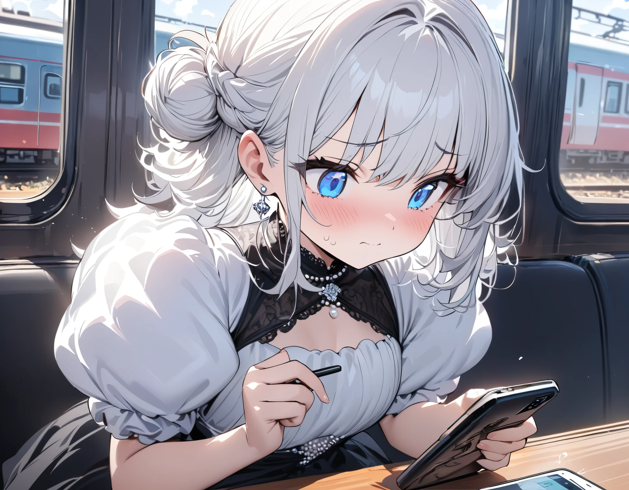 (8k, best quality, master piece: 1.2),super high resolution,1 girl, solo, colorshift eyes, hyperdetailed, expressive eyes, ultra-detailed face, Date Clothes、Random hairstyle、silver gay hair, drive、Assistant seat、sunshine, Collarbone, Ecstatic expression,