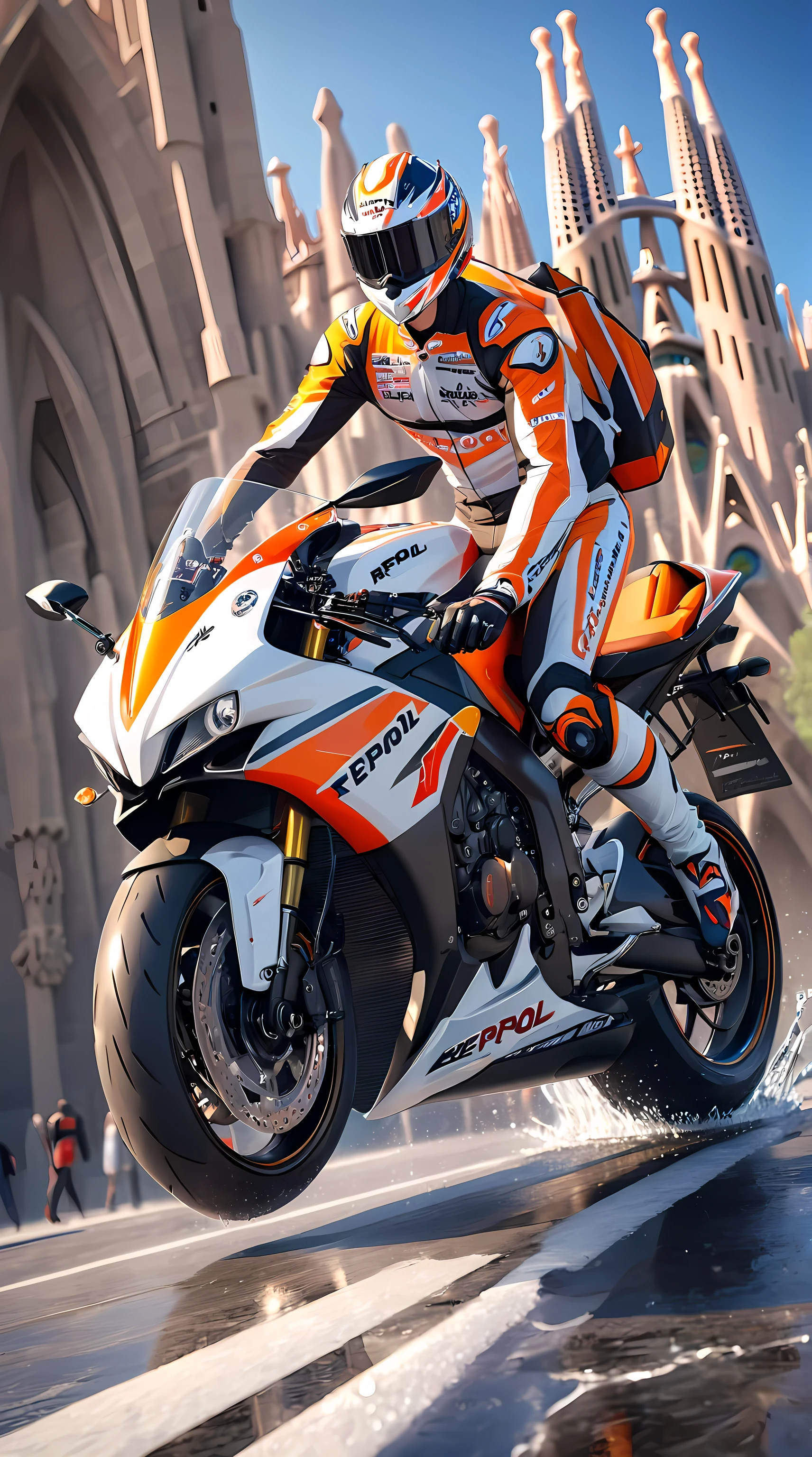 Fantastic,location:Spain,object:Sagrada-Familia,person:Felipe-V,Honda:Repsol :Large Motorcycle,Models: rc213v-spec . engine : water-cooled 4-stroke DOHC4 valve V4. displacement :1,000cc .Gloss,Wet road surface, metal smoothness, King Felipe V of Spain climbed onto a motorbike and triumphed triumphantly, Sagrada Familia while Willy on a motorcycle,Victory run by motorbike , exquisite structure ,It's the king of Spain, so draw faithfully by referring to materials,Organic Expressionism