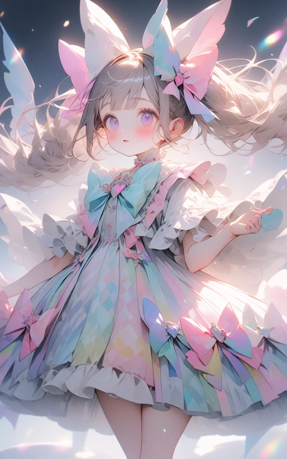 masterpiece,best quality,pastel,shiny skin,fluorescence light sparkles,kawaii girl,fluttering wind,