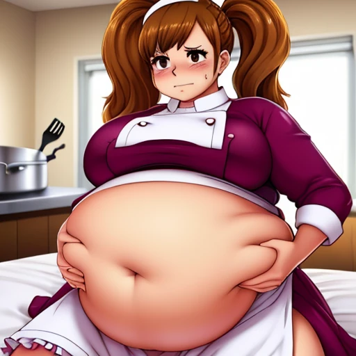 (masterpiece, best quality, high rating, 8k, high resolution), 1girls, big belly, blurry background, huge belly, art by kipteitei, round belly, chubby, curvy, ((long hair double pigtails:1.2)), brownhair, (((white chef costume, apron with frills))), white tall chefs hat, thighhighs, simple_background, belly bursting out of buttoned white chefs outfit ,(((white chefs outfit))), long sleeves, enormous belly, fat belly, thicc, bigger belly, really big belly, jiggly belly, giant huge belly, big enormous belly, ((((gigantic belly)))), bloated belly, fat belly, ginormous big belly, expanding big belly, sfw, safe for work, kneeling on bed, sfw (safe for work),Charlotte pudding(one_piece), sweating, blushing, (nervous closed mouth), ((she is grabbing her belly, hands_on_belly, she is caressing her belly, she is holding her belly))