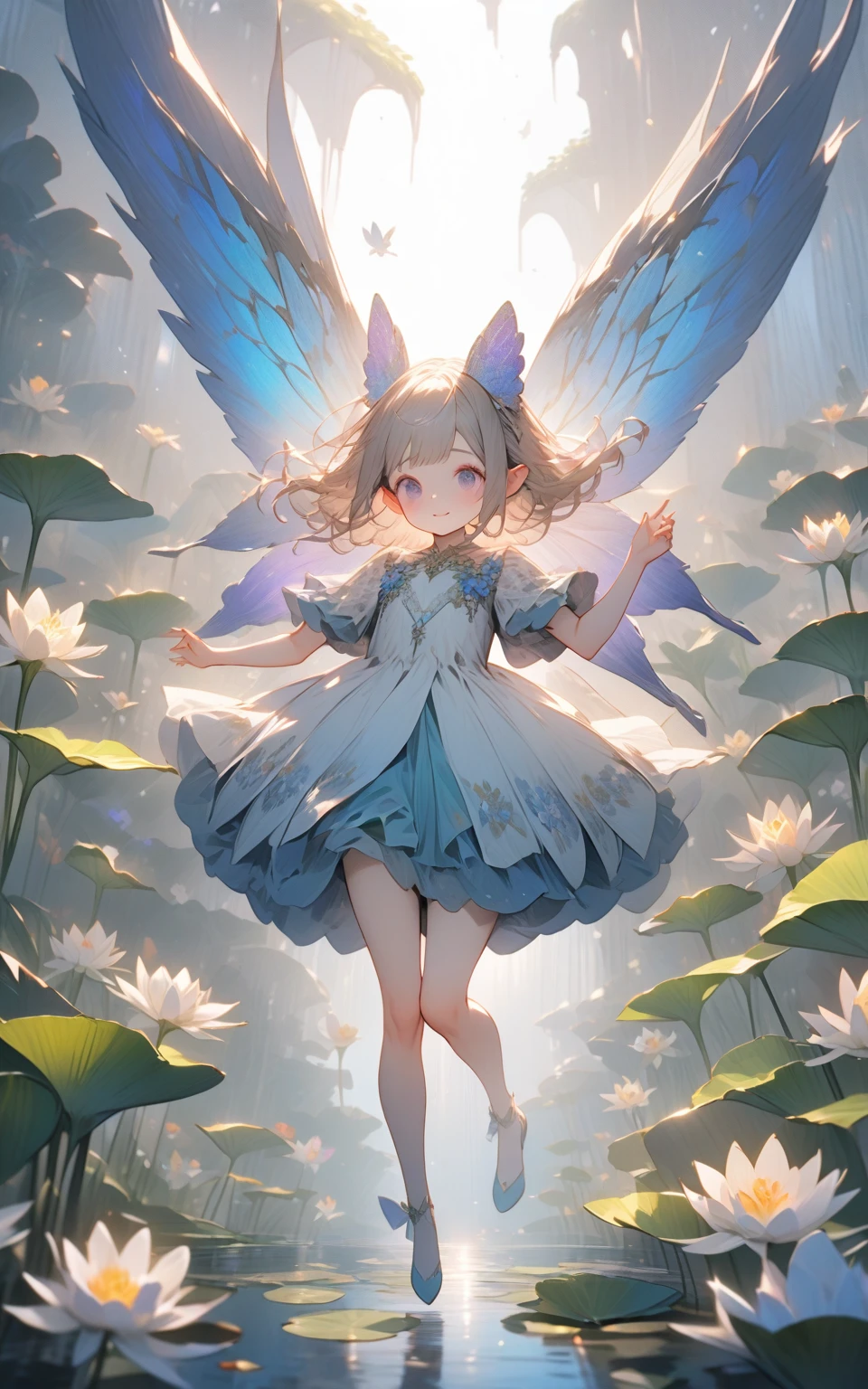Feathered Pixie,very cute female child,8 yo,Wet and see-through camisole,Playing by the river,Barefoot,Sweat, Summer,day,flat chest,BREAK masterpiece, Best Quality,Ultra-detailed,Wind,Depth,