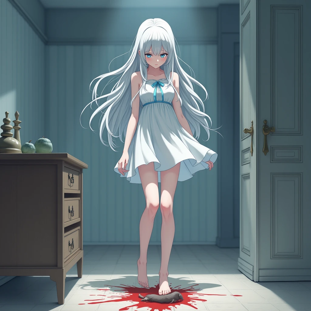 ((Gawr gura)), ((Masterpiece)), (highly saturated), (High Definition:1.3), (Professional Photography:1.2), (cinematic lighting), (flat body), (flat chest), 1girl, pale skin, messy hair with evil smile, glowing eyes, creepy, creepy smile, crazy expression, blood on face, blood on clothes, walking, falling, hanging arm, loose arm, white hospital gown, hospital, hallway, darkness, lighting, creepy, scary, flashing lights, bloody, horror, (dim light)