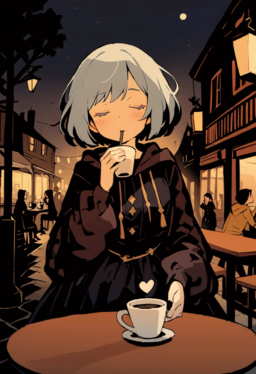 超 Details、 best quality、masterpiece、 cartoon style、 Details、 best quality、masterpiece、a girl、Closed eyes、 hoodie、night、 in Western mourning clothes、 short hair、 holding coffee cups 、Cafe Terrace、tiny  body、table、 is drinking coffee、Town