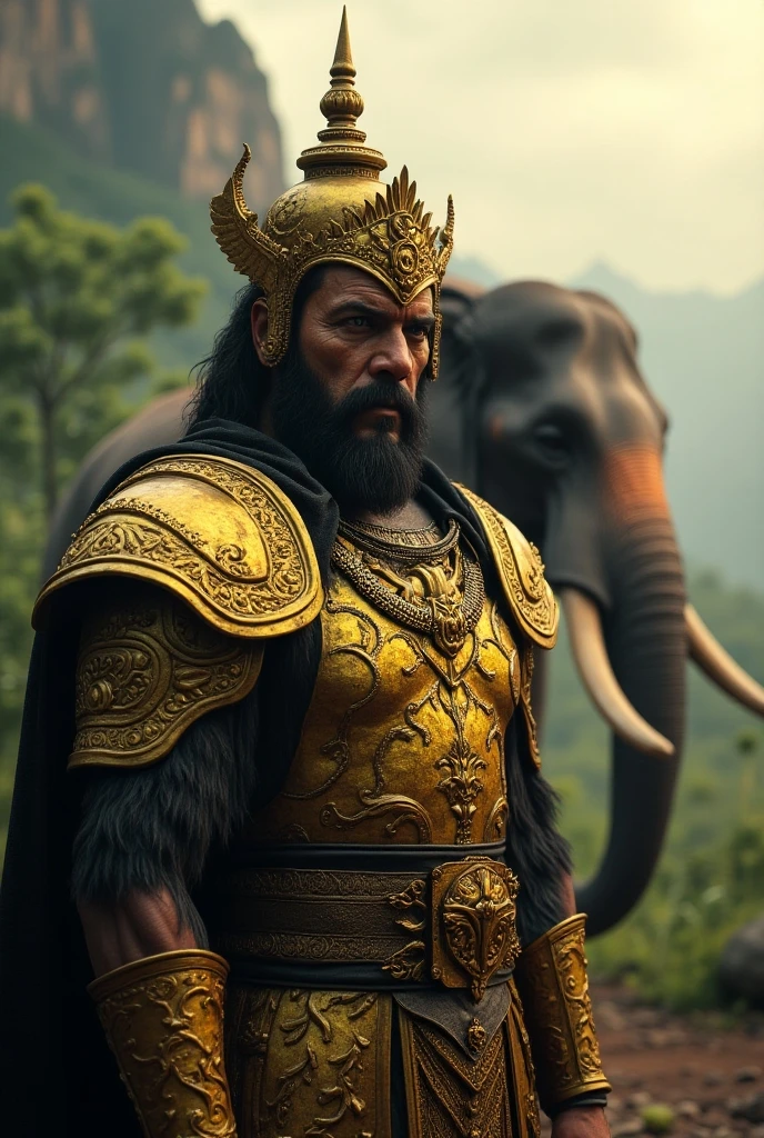 8k rendered digital illustration of a fierce-looking Demon King warrior Ravana possessing extremely powerful demonic weapons, wearing an Indian red-green Kings attire with golden jewellery and black gold armour in a dark universe, a mild burning hellish environment giving the scene a dark atmosphere but sculpting the forms in sharp chiaroscuro), it is night time, (highly detailed skin), ((black beard)), (highly detailed face), ((black gold armor)), detailed background, dark lighting, twilight lighting, volumetric lighting, intricate details, UHD, extremely detailed masterpiece, intricate details, (Highest quality:1.3), cinematic shot, ((masterpiece)), (sharp focus:1.5), (photorealistic:1.3), muscular body, hairy chest, body builder, (detailed face), detailed background, depth of field, (dark lighting:1.3), dramatic lighting, twilight lighting, volumetric shadows, highly detailed, intricate details, 8k, UHD, HDR, trending on Artstation, Award wining legendary art