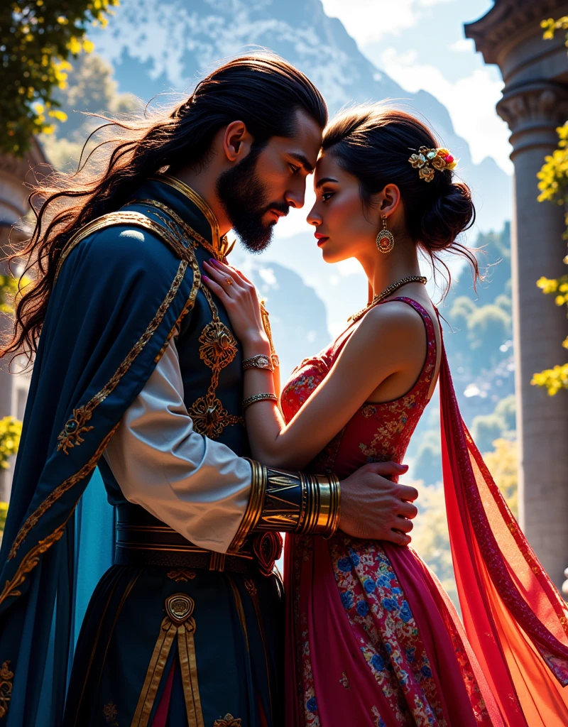 Ultra-realism, ink art, Colorful calligraphy graphics, Ultimate Quality, Crystal clear expression, Dramatic production, crazy cute, Simple Art, glossing, fantasy-Викторианская Англия,  beautiful Victorian clothes ,  bossy brutal handsome long-haired prince 30 years old stands behind a beautiful girl,greedily touches his cheek , looks at a girl in love ,белая сорочка у мужчины BRIGHTе платье у девушки, on the background from behind AUTUMN Palace forest and mountains , there is light in the windows.fantasy.old england dress. WHITE-ORANGE-RED-GREEN .textural,BRIGHT,the shine of gold and glass,glare,detailed hands fingers,silk hair, correct proportions and anatomy ,unreal engine5,octane render, beautiful model faces 