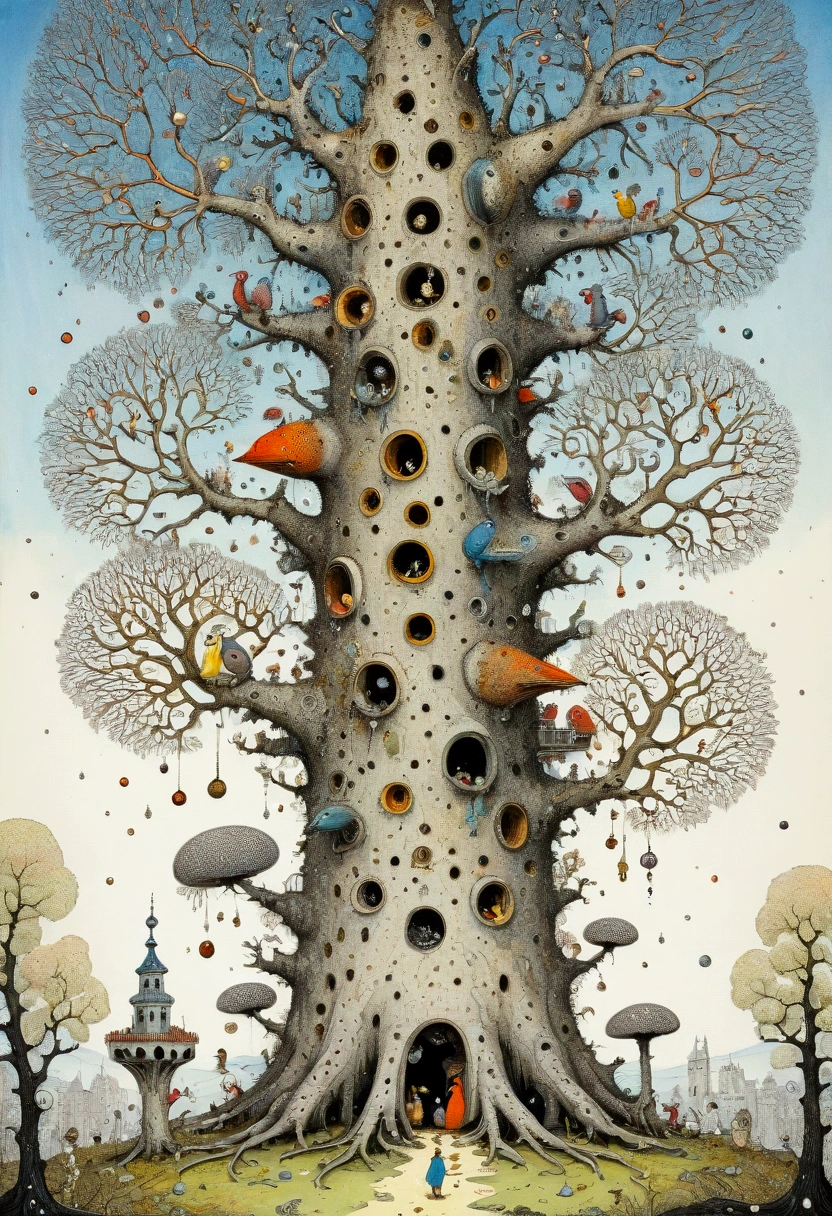 Surreal, Pointillism, Doodle Art, Surrealism influence, Quentin Blake art style, Mattias Adolfsson artwork, Mandelbrot, esoteric masterpiece, kay nielsen, woodpeckers on tree with numerous holes, gaping holes, trypophobia nightmare, high detail