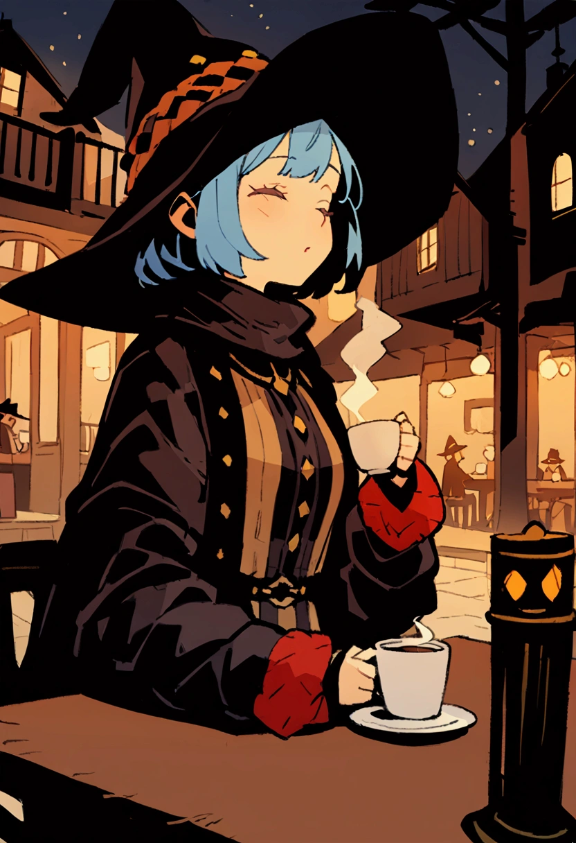 超 Details、 best quality、masterpiece、 cartoon style、 Details、 best quality、masterpiece、a girl、Closed eyes、Coat、 muffler 、night、 in Western mourning clothes、 short hair、 holding coffee cups 、Cafe Terrace、tiny  body、table、 is drinking coffee、Town、witch、hat