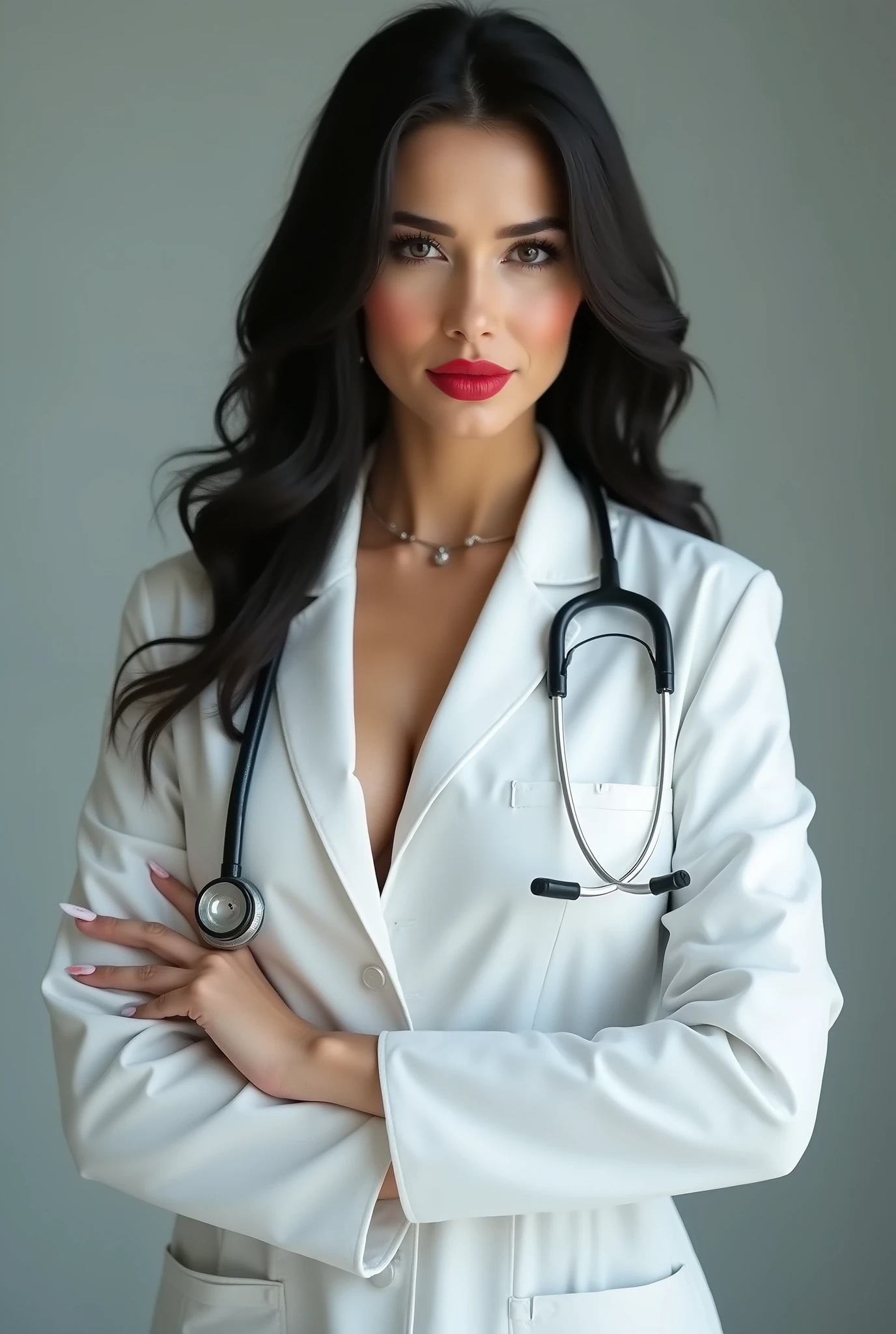 Hyper realistic and detailed full body photo of one smiling young beautiful woman wearing a doctor outfit. perfect eyes, (Eye makeup:1.1), (highly detailed skin:1.1), (perfect big boobs), RAW, analog style, sharp focus, 8k UHD, DSLR, high quality, Fujifilm XT3, grain, award winning, masterpiece.