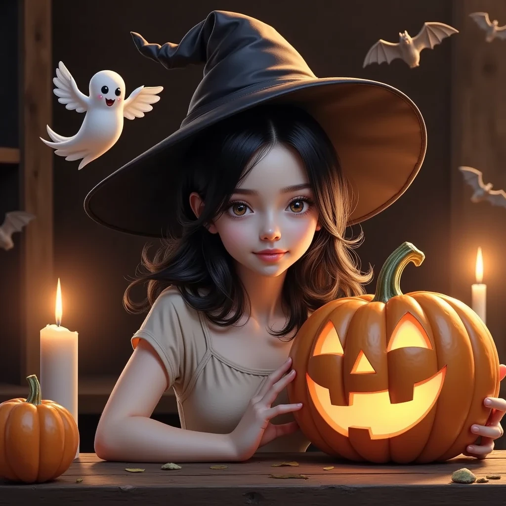  Cozy Halloween Party、 Warm and Nostalgic Atmosphere 、 Jack O Lantern 、Witch Hat、ghost、Flying Bats 、Detailed Food and Drink 、 1 girl 、 beautifully detailed eyes kept in the car、Beautifully detailed lips、Highly detailed faces and features、 long eyelashes、複雑なIllustration、(Best Quality、4K、8k、 High Resolution 、masterpiece:1.2)、Super detailed、(Real、 photorealistic、 photorealistic:1.37)、Vibrant colors、Warm lighting、Whimsical、magic、autumn、Pumpkin、Candles、 Cozy Decor 、Illustration、wallpaper、