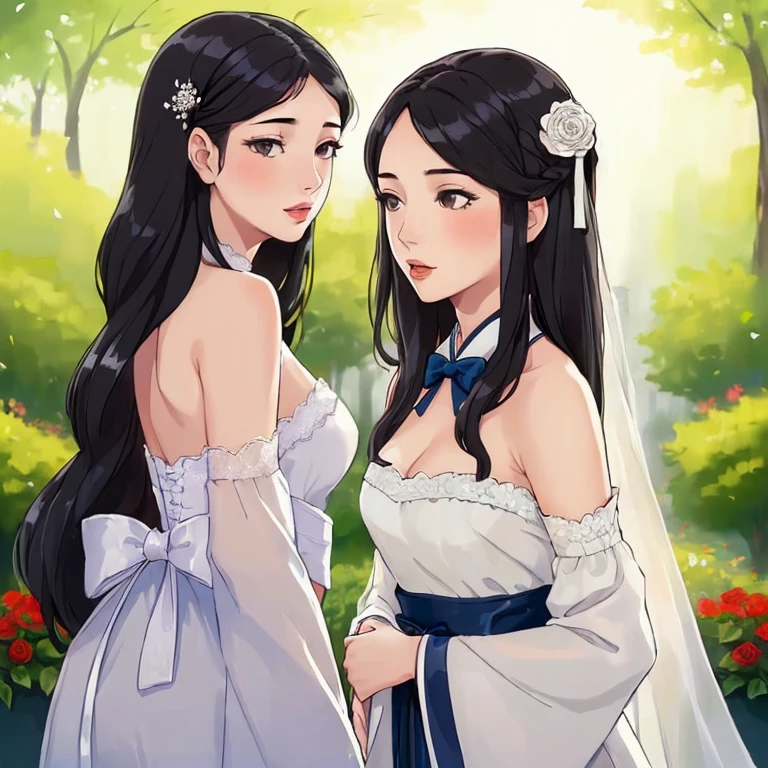 (young woman: 1.5), lace, ribbon, Hanfu, (masterpiece, side light, delicate and beautiful gray eyes: 1.2), masterpiece, realistic, glowing eyes, shiny hair, dark hair, long hair, shiny skin, solo, awkward, strapless, delicate, beautiful, garden, flowers, fluttering petals