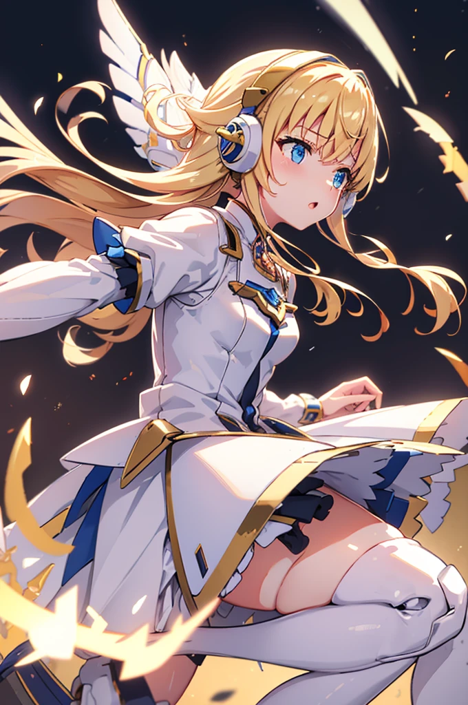 Mecha wings、White Skirt、White Armor、Thighs、tights、chest、Golden Hair、 1 girl、 solo girl 、income、 headphones、idol dress、Rin々Funny face、 Holding Swords 、mecha girl