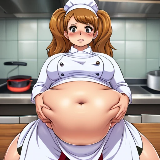 (masterpiece, best quality, high rating, 8k, high resolution), 1girls, big belly, blurry background, huge belly, art by kipteitei, round belly, chubby, curvy, ((long hair double pigtails:1.2)), brownhair, (((white chef costume, apron with frills, all white outfit))), white tall chefs hat, thighhighs, simple_background, belly bursting out of buttoned white chefs outfit ,(((white chefs outfit))), long sleeves, enormous belly, fat belly, thicc, bigger belly, really big belly, jiggly belly, giant huge belly, big enormous belly, ((((gigantic belly)))), bloated belly, fat belly, ginormous big belly, expanding big belly, sfw, safe for work, kneeling on bed, sfw (safe for work),Charlotte pudding(one_piece), sweating, blushing, (dazed expression, mouth open, moaning), ((she is grabbing her belly, hands_on_belly, she is caressing her belly, she is holding her belly, pov belly grab, pov holding her belly))