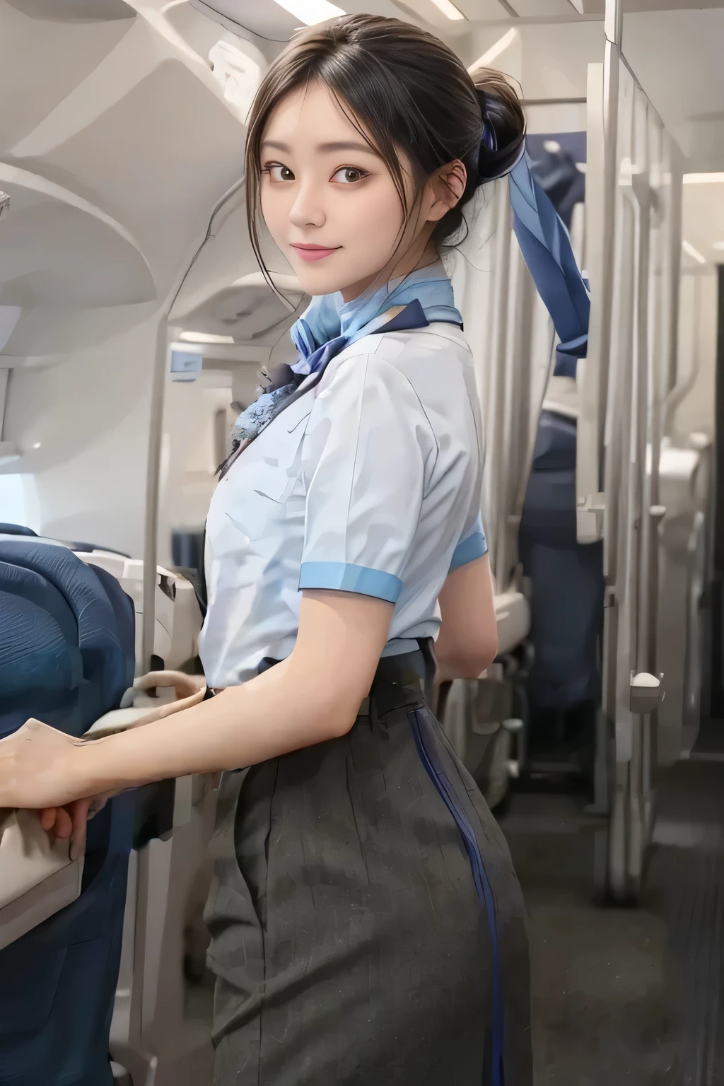 (masterpiece:1.2, Best Quality:1.2), 32K HDR, High Resolution , (Alone、 1 girl)、(on board、 professional lighting that protrudes forward)、In-flight background、(ANA flight attendant uniform blueを着たリアルスタイル)、((ANA flight attendant uniform blue short sleeve blouse 、 ANA flight attendant uniform blue skirt with blue line on the back、Scarf around the neck))、Dark brown hair、( long hair、Hair tied up、Hair tied up)、Dark brown hair、 LONG SHOT 、Big Breasts、Thin legs、((Great hands:2.0)),(( Harmonious Body Proportions:1.5)),((Normal limbs:2.0)),((Normal finger:2.0)),((Delicate eyes:2.0)),((Normal eyes:2.0)))、smile、(ANA flight attendant uniform blueを見せた美しい後ろ姿)、Hands down