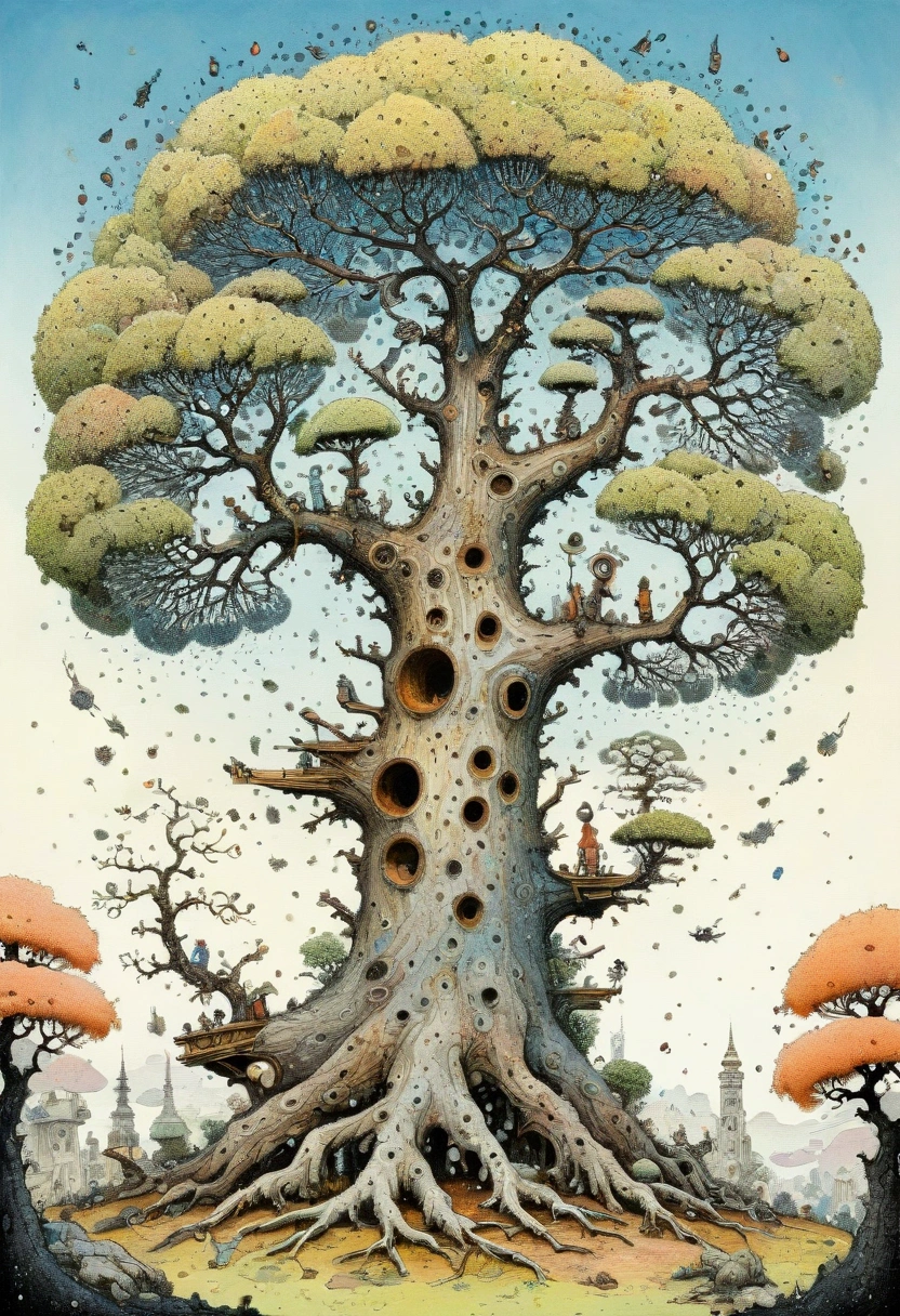 Pointillism, Doodle Art, Quentin Blake art style, Mattias Adolfsson artwork, Mandelbrot, esoteric masterpiece, kay nielsen, abstract woodpeckers on twisted tree with numerous holes, gaping holes, old dying bonsai tree, cool pastel colors, trypophobia nightmares, pointillism style, high detail