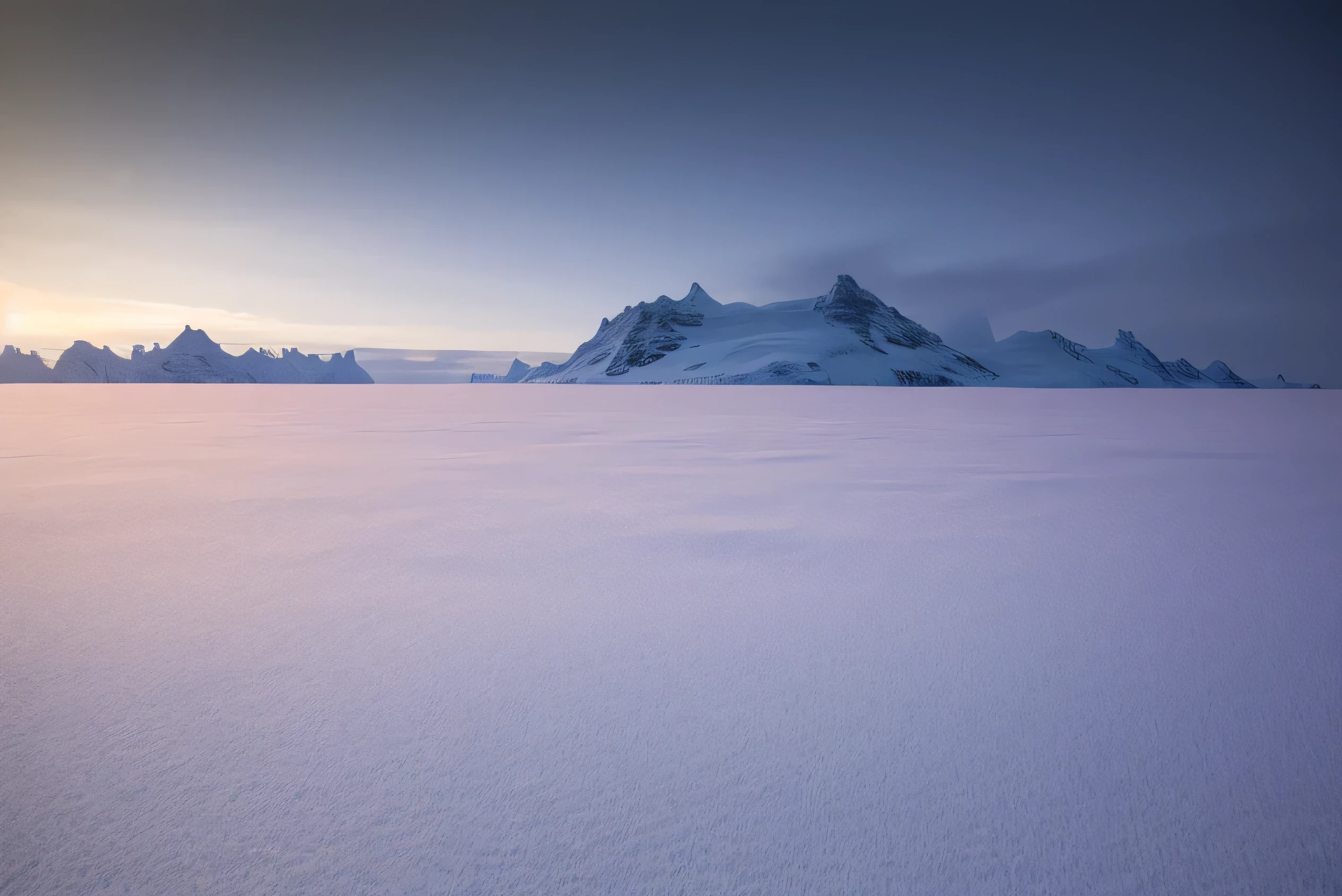 A slightly blurred photograph of a vast, icy polar landscape, covered in thick layers of pristine white snow. The ground stretches endlessly, interrupted only by large, smooth ice formations and distant, snow-covered mountains. The sky is pale and overcast, with a faint, cold sunlight barely breaking through, casting a soft, diffused light over the frozen terrain. The slight blur gives a dreamy, atmospheric effect, evoking the harsh, yet beautiful stillness of the polar regions. The overall tone is cold, desolate, and serene, perfect for a winter background