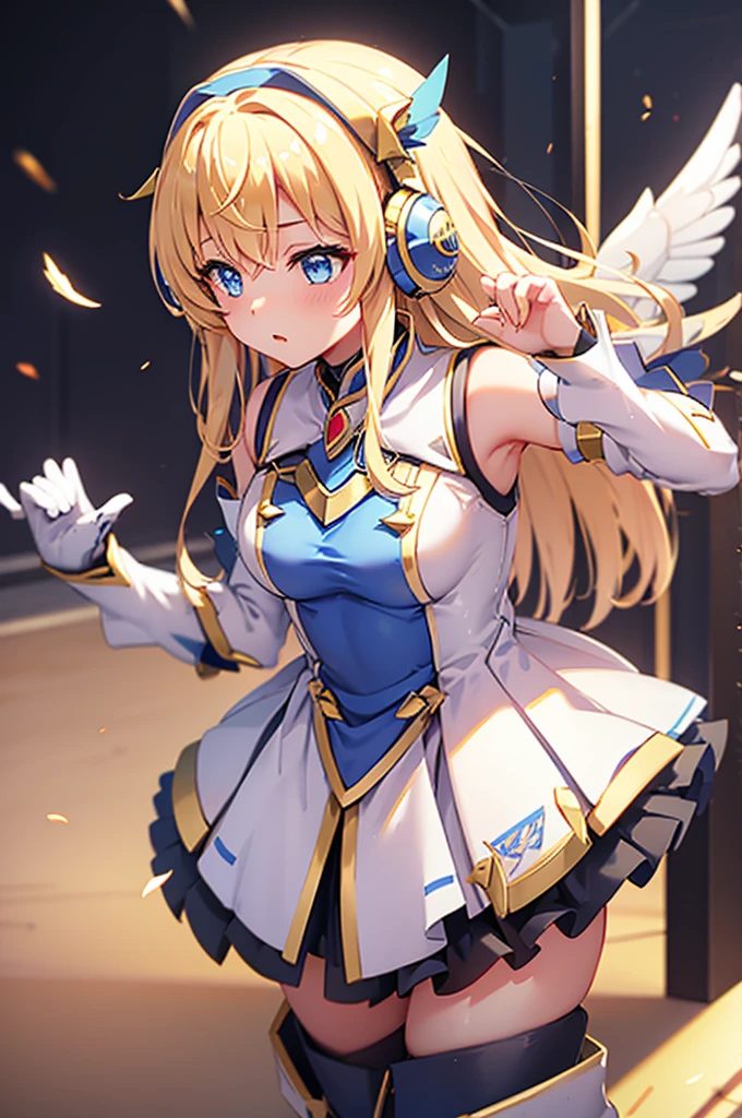 Mecha wings、White Skirt、White Armor、Thighs、tights、chest、Golden Hair、 1 girl、 solo girl 、income、 headphones、idol dress、Rin々Funny face、 Holding Swords 、mecha girl