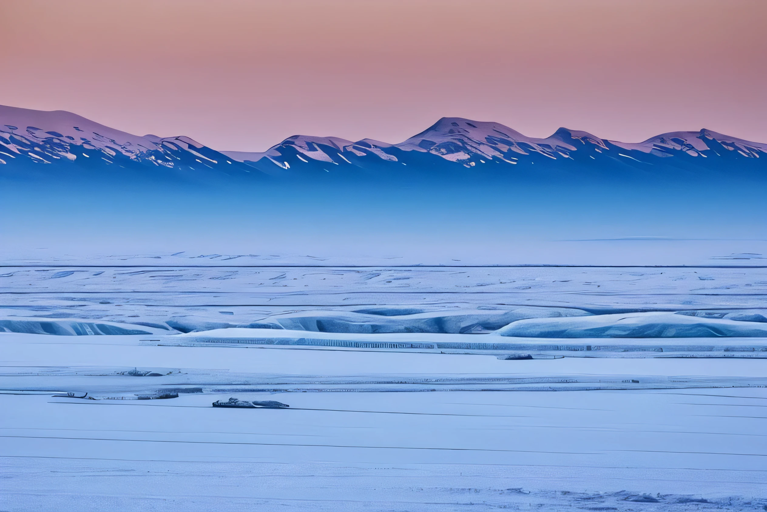 A slightly blurred photograph of a vast, icy polar landscape, covered in thick layers of pristine white snow. The ground stretches endlessly, interrupted only by large, smooth ice formations and distant, snow-covered mountains. The sky is pale and overcast, with a faint, cold sunlight barely breaking through, casting a soft, diffused light over the frozen terrain. The slight blur gives a dreamy, atmospheric effect, evoking the harsh, yet beautiful stillness of the polar regions. The overall tone is cold, desolate, and serene, perfect for a winter background