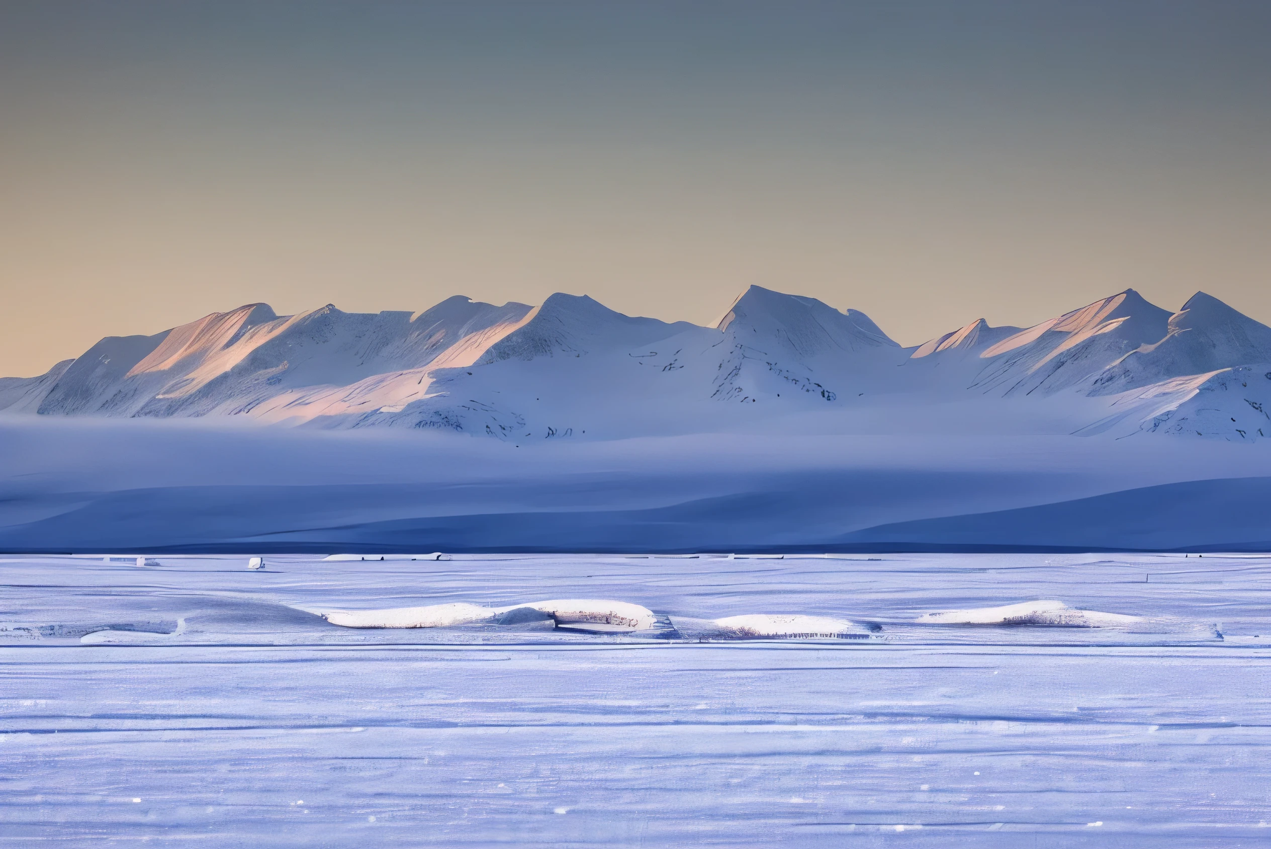 A slightly blurred photograph of a vast, icy polar landscape, covered in thick layers of pristine white snow. The ground stretches endlessly, interrupted only by large, smooth ice formations and distant, snow-covered mountains. The sky is pale and overcast, with a faint, cold sunlight barely breaking through, casting a soft, diffused light over the frozen terrain. The slight blur gives a dreamy, atmospheric effect, evoking the harsh, yet beautiful stillness of the polar regions. The overall tone is cold, desolate, and serene, perfect for a winter background