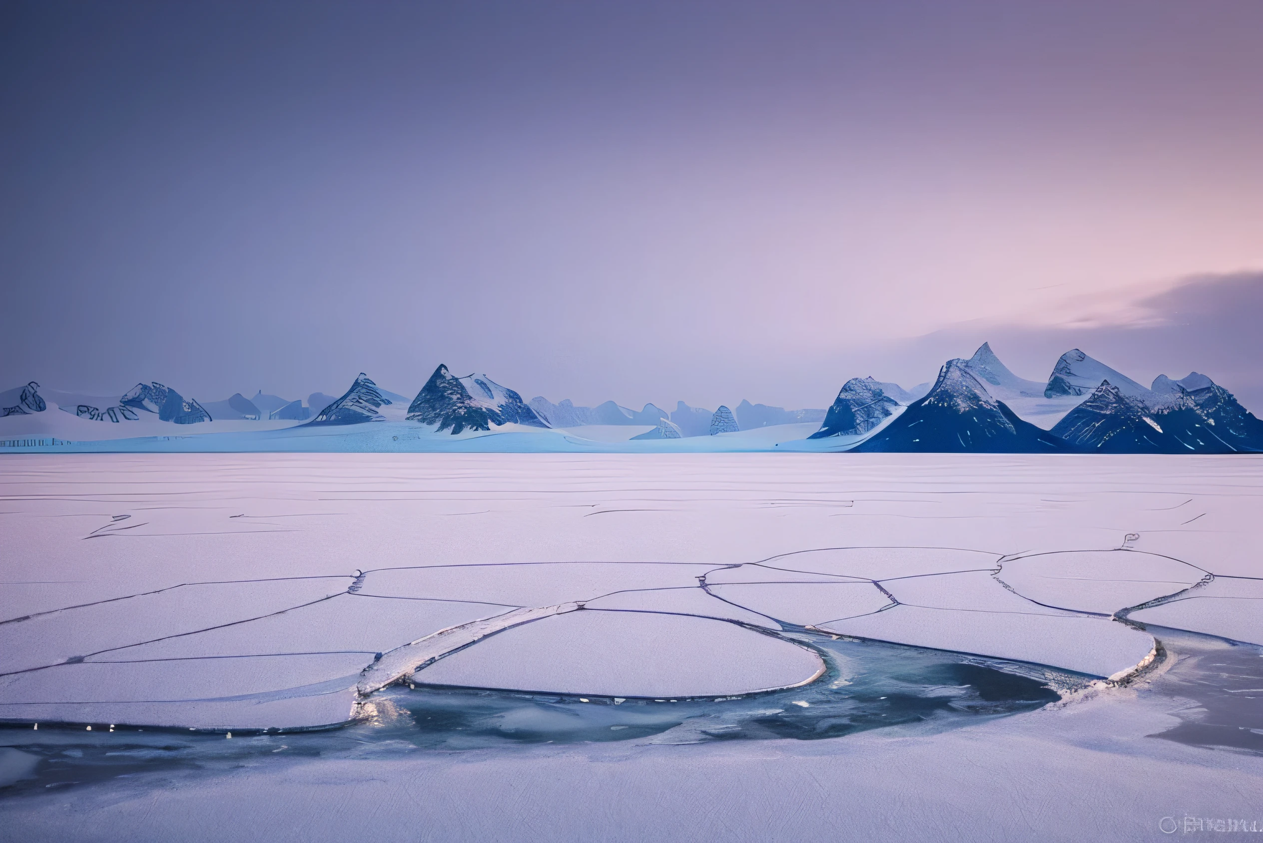 A slightly blurred photograph of a vast, icy polar landscape, covered in thick layers of pristine white snow. The ground stretches endlessly, interrupted only by large, smooth ice formations and distant, snow-covered mountains. The sky is pale and overcast, with a faint, cold sunlight barely breaking through, casting a soft, diffused light over the frozen terrain. The slight blur gives a dreamy, atmospheric effect, evoking the harsh, yet beautiful stillness of the polar regions. The overall tone is cold, desolate, and serene, perfect for a winter background