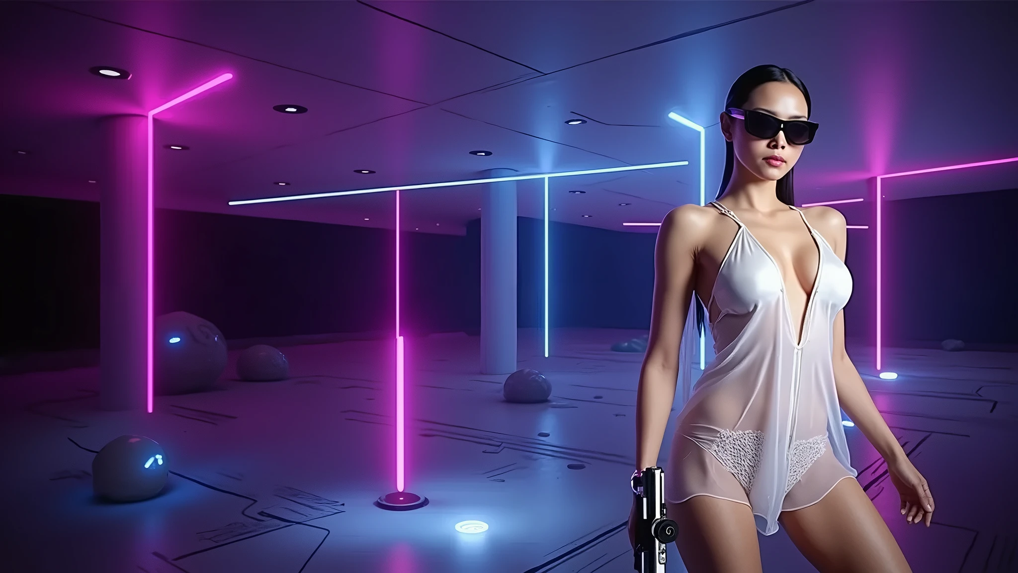 Aerial view, (flying vehicle), sci-fi outdoor maze as background. Matrix style, at night, dark sky. (1girl, solo), photo realistic, large-breast:1.2 slim:0.9 body, cleavage:1.2, tube top, miniskirt, (matrix style black sunglasses), (holding a mini:1.1 stun gun), half-body thigh level medium shot, cinematic lighting, ray tracing.