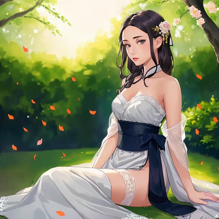 (young woman: 1.5), lace, ribbon, Hanfu, (masterpiece, side light, delicate and beautiful gray eyes: 1.2), masterpiece, realistic, glowing eyes, shiny hair, dark hair, long hair, shiny skin, solo, awkward, strapless, delicate, beautiful, garden, flowers, fluttering petals