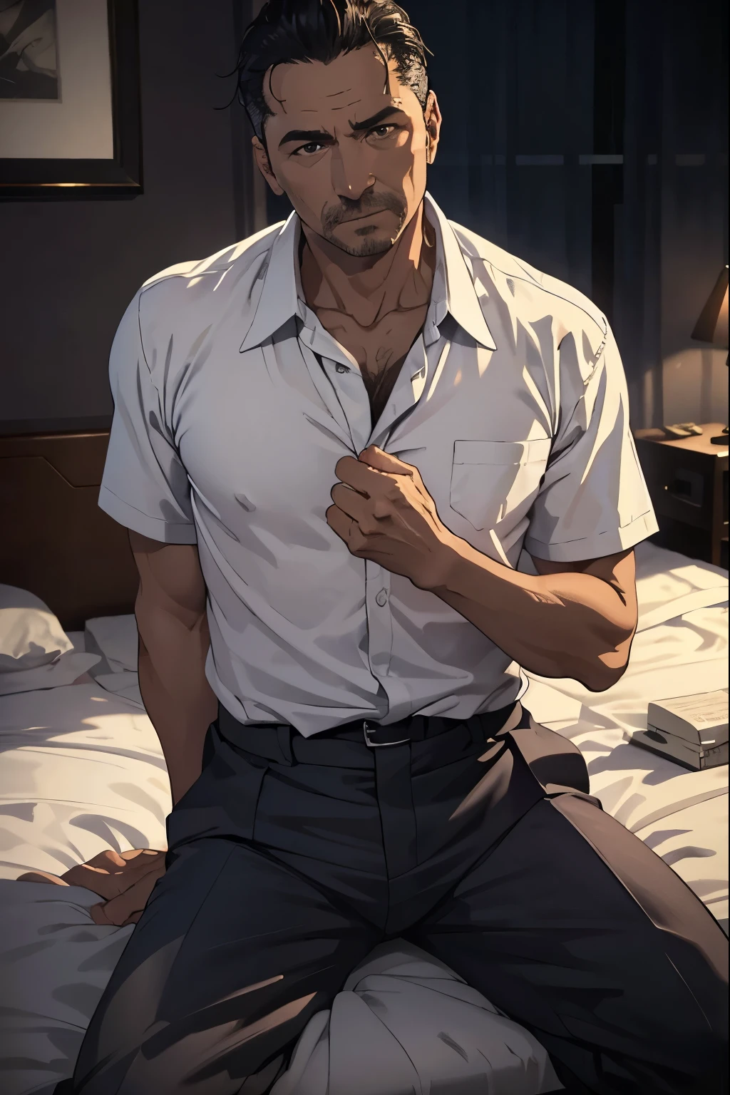 45-year-old middle-aged man sitting on a hotel bed、45 year old middle-aged man sitting on a hotel bed in a white Y-shirt and black slacks 、Gentleman、Masculine、detailed expression、(masterpiece),Best Quality,Excellent anatomy、Dark and mysterious atmosphere at night、