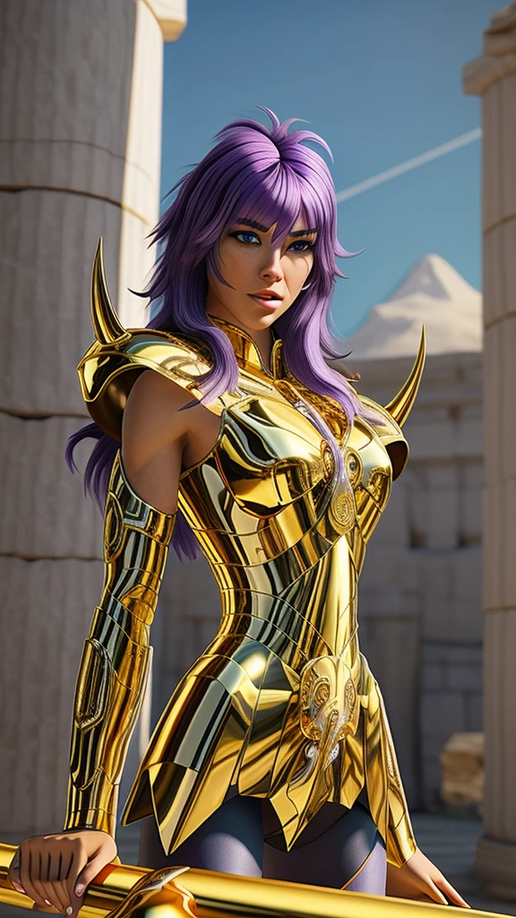 perfect eyes:1.2, detailed eyes:1.4, gold armor, armor, (purple hair:1.6), helmet, breasts, shoulder armor, medium hair, blue eyes, ScorpioArmor, Golden Armor, shoulder_armor decoration, forehead protector, forehead armor, forehead jewel, greek ruins background, golden shinning armor, cowboy shot, 1girl, solo, (masterpiece:1.6, best quality), 8k, insane details, intricate details, hyperdetailed, hyper quality, high detail, ultra detailed, professional, HDR, ray tracing reflection, cinematic lighting
