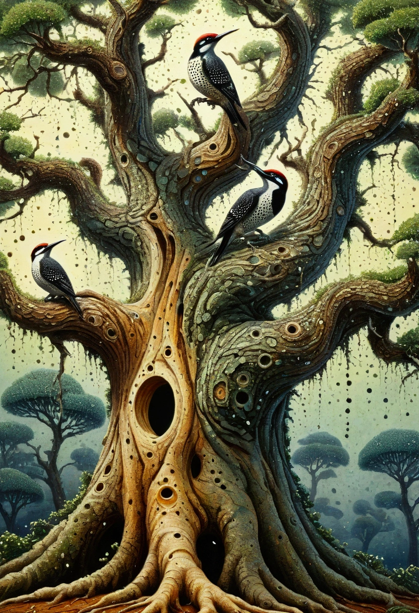 Pointillism, abstract woodpeckers on twisted tree with numerous holes, gaping holes, old dying bonsai tree, trypophobia nightmares, pointillism style, high detail 