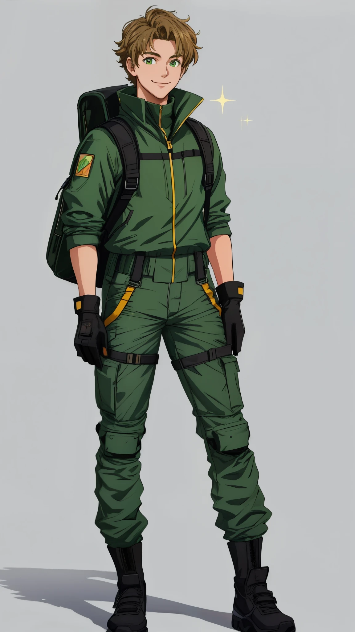 masterpiece, best quality, ((ultra detailed)), hyper detailed, highres, FHD, ((detailed face)), geological surveyor, glad, smiling, standing, arms crossed, looking at viewer, front view, short hair, messy hair, dark blonde hair, green eyes, with sparkling eyes, big eyes, shiny skin, tall, slender, blouse, jacket, gloves, long pants, climbing backpack, 26-year-old, ((no background)), flat background, solid white background, cel anime, character design references, ((full body shot)), wide shot, from front, wide view, midday