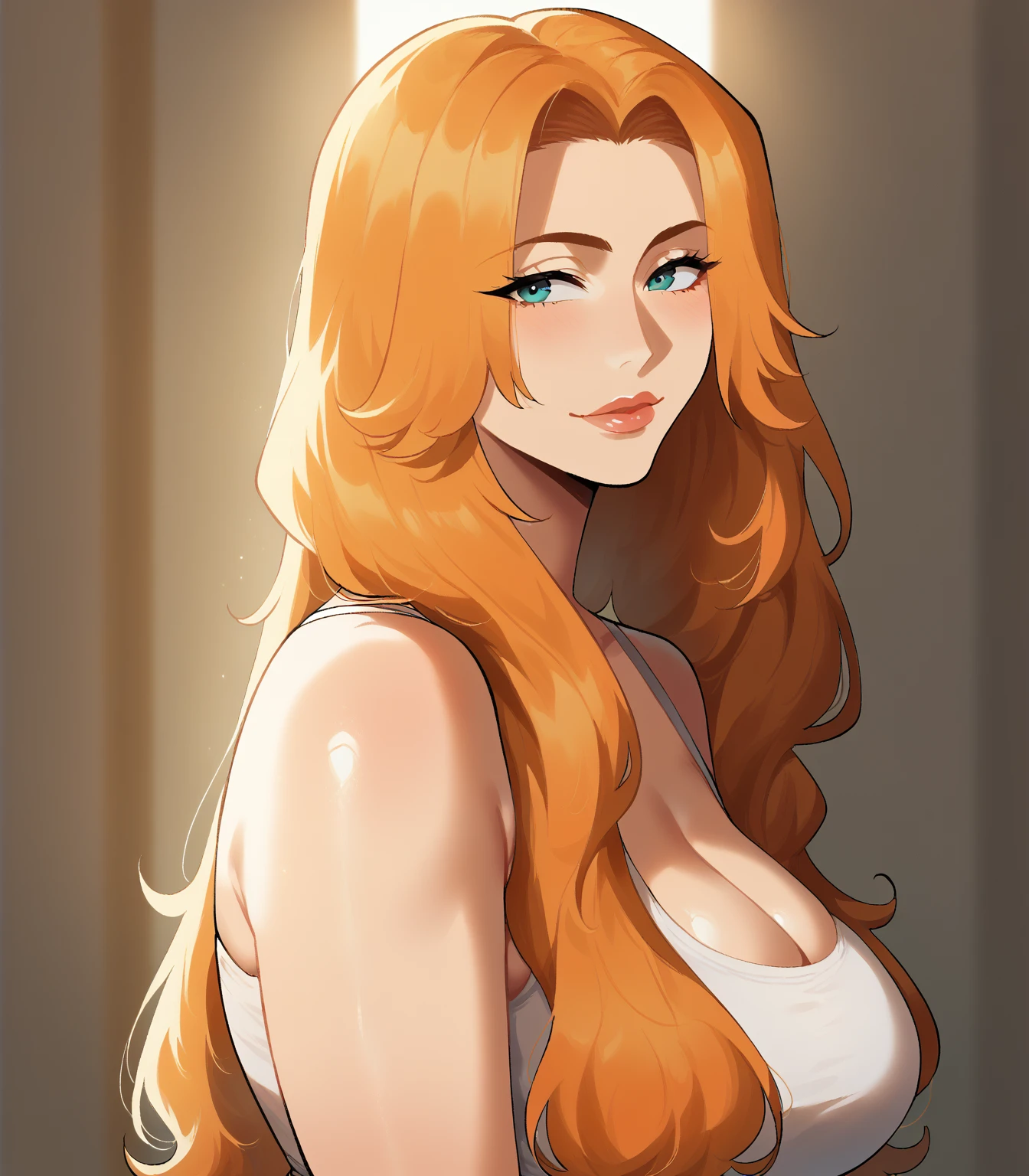 Thiccwithaq_artstyle, rangiku Matsumoto, orange hair, mother, Milf, mature female, perfect face, perfect lighting, sexy lips, sexy female, closed mouth, breasts focus