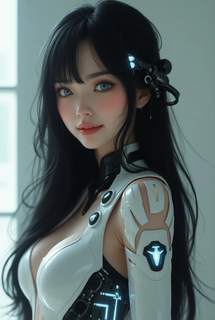 top-quality、masterpiece、超A high resolution、(Photorealsitic:1.4)、Raw photo、女の子1人、Black hair、glowy skin、Cyberpunk Girl、((super realistic details))、portlate、Global Illumination、Shadow、octan render、in 8K、ultrasharp、huge tit、Raw skin is exposed in cleavage,(nipples through:1.5),metals、Details of complex ornaments、Gothloli details、Luminous tube、Analog Meter、gear wheel、gear、Golden hydraulic cylinder、highly intricate detail、Realistic light、CGSoation Trends、a purple eye、radiant eyes、Facing the camera、neon details、Mechanical limbs、blood vessels connected to tubes、Mechanical vertebrae attached to the back、mechanical cervical attaching to neck、sitting on、Wires and cables connecting to the head、Small LED lamp,(sexual pose:1.4),(sweaty:1.7),(pubic hair:1.5),