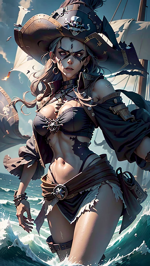 ( Better quality,4K,high,master part:1.2),ultra-detailed,realistic, sexy busty pirate girl ,long eyelashes,beautiful detailed eyes, detailed and beautiful lips ,dark hair, brown eyes,flawless skin, perfectly curved body ,hourglass figure, Pirate ship deck ,Battle at Sea , dramatic lighting , wind messing up your hair ,gun in hand, cleaver around the waist ,cannon shots in the background, smoke and sparks filling the air ,fierce expression,confident posture, pirate hat with skull and crossed bones, ornate costume of pirate captain ,gold earrings, eye patch with a crimson gem , frayed wooden planks , ragged sails ,anchor symbol on ship,waves breaking, stormy sky ,adrenaline, Pirate adventures ,treasure hunt, swordsman action ,Seductive charm,pirate queen, dreaded and respected by his crew , stormy sea ,Hidden Treasures,heroic deeds, Legendary Pirate , Secrets of the Deep Sea ,untold riches, treasure map leading to your next conquest , barrels filled with rum , gold glitter and jewelry , high-risk pirate life , skilled sword fighting , pirate flag fluttering proudly , skull and crossbones symbol , plunging neckline, revealing mirror ,high boots,long flow cable,panoramic sea view, rough sea storm ,vivid colors, pirate life ,memorable adventure, fearless captain's legacy ,Megan Raposa.