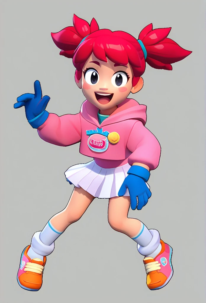 best quality, masterpiece, highres, detailed, digital artwork, SayakaYumi, short twintails, red hair, black eyes, blue gloves, pink hoodie, white skirt, shorts under skirt, happy, blush, white socks with a pink stripe, orange tennis shoes with white laces.