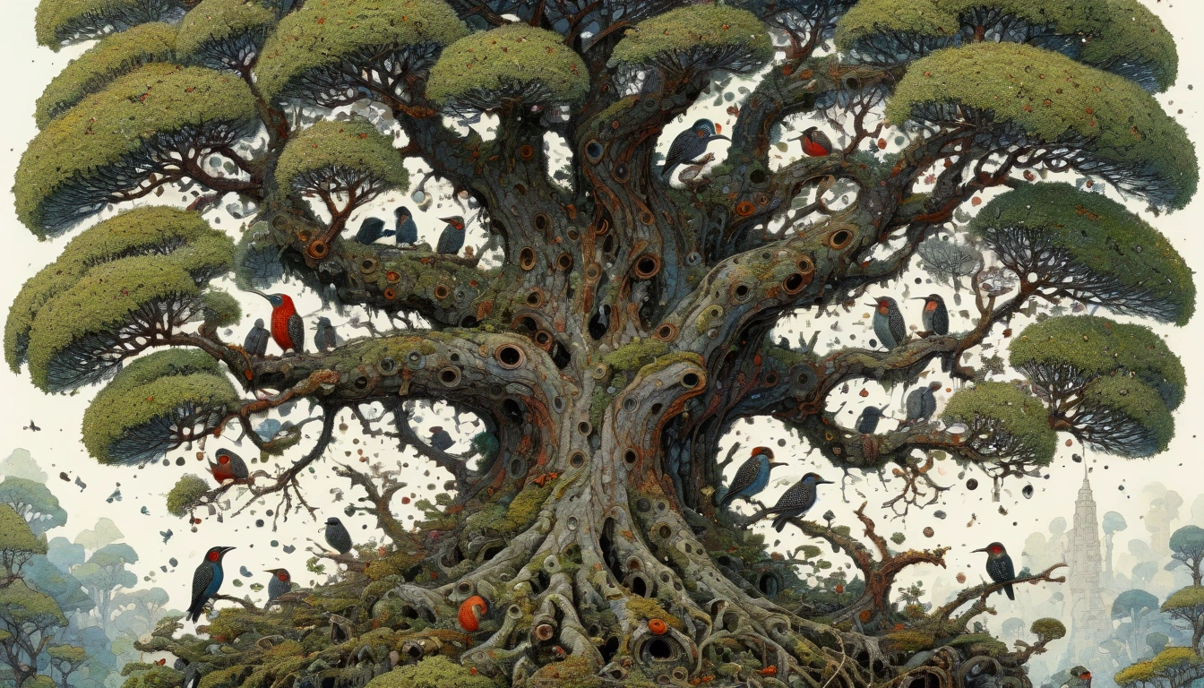 A detailed pointillistic abstract painting of multiple woodpeckers on a twisted, gnarled old bonsai tree with numerous holes and gaping openings, creating a trypophobia-inducing nightmare scene, in a high detail, vibrant pointillist style, quentin blake style, Mattias Adolfsson art, masterpiece, kay nielsen, high detail  