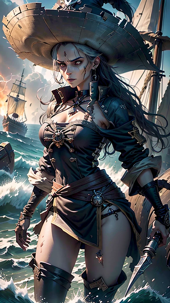 ( Better quality,4K,high,master part:1.2),ultra-detailed,realistic, sexy busty pirate girl ,long eyelashes,beautiful detailed eyes, detailed and beautiful lips ,dark hair, brown eyes,flawless skin, perfectly curved body ,hourglass figure, Pirate ship deck ,Battle at Sea , dramatic lighting , wind messing up your hair ,gun in hand, cleaver around the waist ,cannon shots in the background, smoke and sparks filling the air ,fierce expression,confident posture, pirate hat with skull and crossed bones, ornate costume of pirate captain ,gold earrings, eye patch with a crimson gem , frayed wooden planks , ragged sails ,anchor symbol on ship,waves breaking, stormy sky ,adrenaline, Pirate adventures ,treasure hunt, swordsman action ,Seductive charm,pirate queen, dreaded and respected by his crew , stormy sea ,Hidden Treasures,heroic deeds, Legendary Pirate , Secrets of the Deep Sea ,untold riches, treasure map leading to your next conquest , barrels filled with rum , gold glitter and jewelry , high-risk pirate life , skilled sword fighting , pirate flag fluttering proudly , skull and crossbones symbol , plunging neckline, revealing mirror ,high boots,long flow cable,panoramic sea view, rough sea storm ,vivid colors, pirate life ,memorable adventure, fearless captain's legacy ,Megan Raposa, visual effects (Visual Effect)  nucleus highlight the intricate anatomical features in a perfect way. sound effects, complement visual art, immersing the viewer. The level of detail is inspiring, with meticulously crafted intricate elements ,  Volumetric effects add depth and dimension , and the photorealism is unmatched. The image is rendered in 8K resolution, ensuring super detailed visuals. Volumetric lightning adds a touch of magic, enhancing your beauty and aura in a supernatural way.  High Dynamic Range technology  (HDR) It makes the 