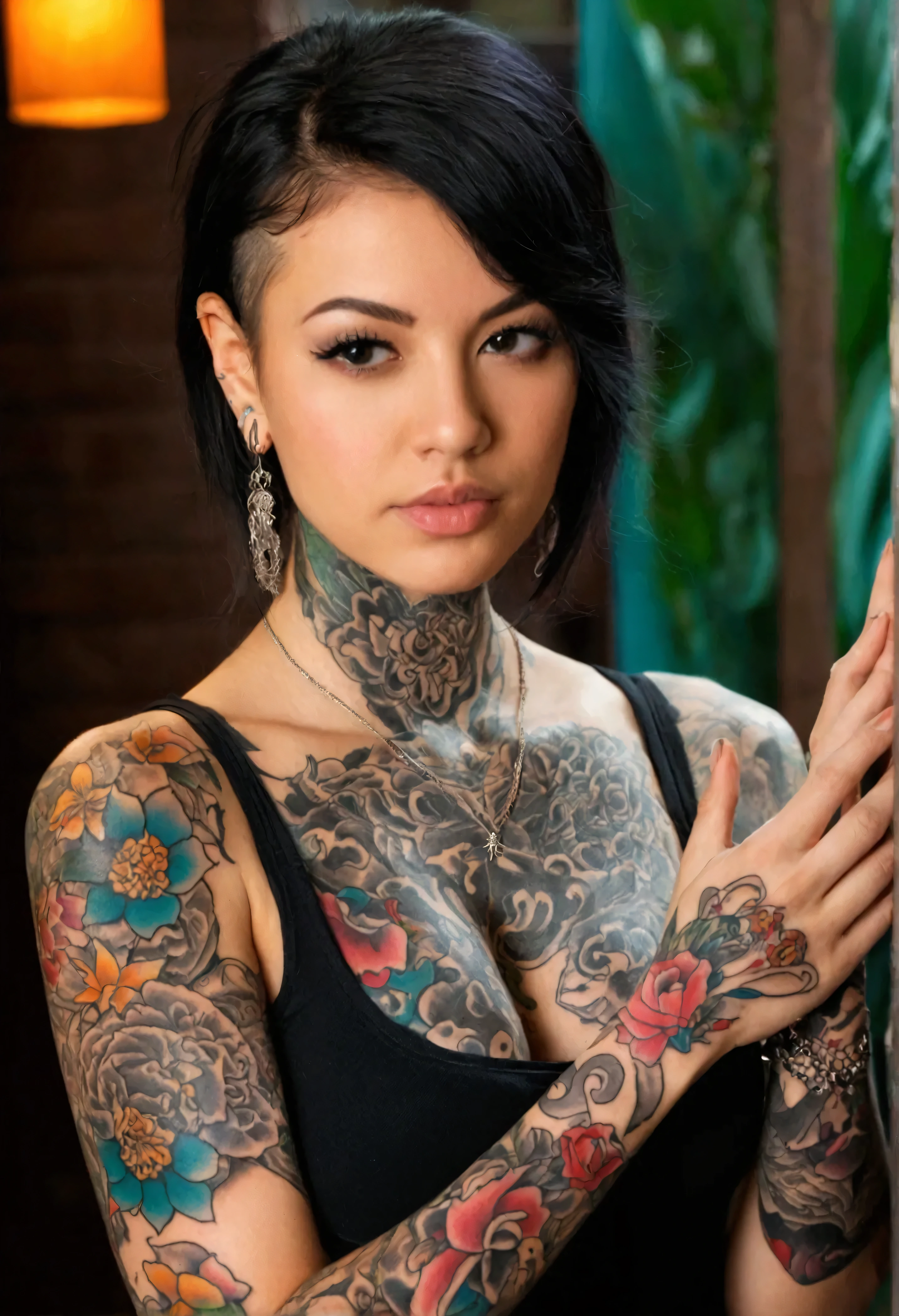 Uma mulher de 18 anos, naked and heavily tattooed, making obscene gestures at the camera.

Pose: The woman is standing or sitting in a position that highlights her tattoos and defiant attitude. She might be making obscene hand gestures, such as showing the middle finger or grabbing your breasts or genitals.

tattoo's: The woman has several aggressive and provocative tattoos on her body, including staves, obscene phrases and other images that suggest rebellion, sexuality and transgression. Tattoos should be big, colorful and flashy, covering large areas of the body, like the chest, the back, the arms and legs.

Background: The background of the image consists of a wall covered in movie posters and porn stars., stuck together in a random and disordered way. Posters must be colorful and eye-catching, with explicit and provocative images that complement the sexual and transgressive atmosphere of the image.

lighting: Use strong, direct lighting, as if the woman were in the spotlight on a stage or in a photography studio. The light should highlight the textures and contours of the body and tattoos, creating dramatic, contrasting shadows.

angle: Choose an angle that captures the woman&#39;s defiant and provocative attitude, like a bottom-up view or a frontal view that highlights your tattoos and obscene gestures.