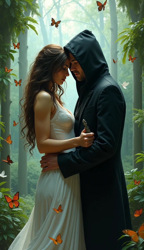 Christian with a rosary and a cross around the visible blow that submits and implores at the foot of a white pagan girl dressed and no nude and tattooed as well as a flower crown without any Christian sign on it.