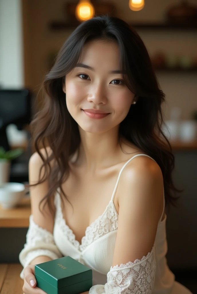 Asian women portrait photography,warm sunlight,Green plants placed beside the bed,indoor,Delicate face
