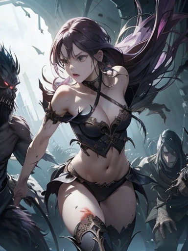 Best Quality、Realistic、torture、 slave、Constraints、BDSM、Captured by a monster、Surrounded by monsters、defeat、Beautiful woman with very long purple hair、Full of wounds、White Armor（Small breasts、 cleavage、Off the shoulder、Sleeveless、No elbow pads、belly button、High Leg、Exposed thighs）、White Armorのブーツ、 Tears Overflow 、Frightened expression、run away、Attacked by monsters 1:5、Many violent monsters 1:5、Monster grabs arm.　Monster attacks from behind、Monster grabs the leg、Monster Swarm 1:5、midnight、darkness、Different world、 dark fantasy、Pitch Black Hell