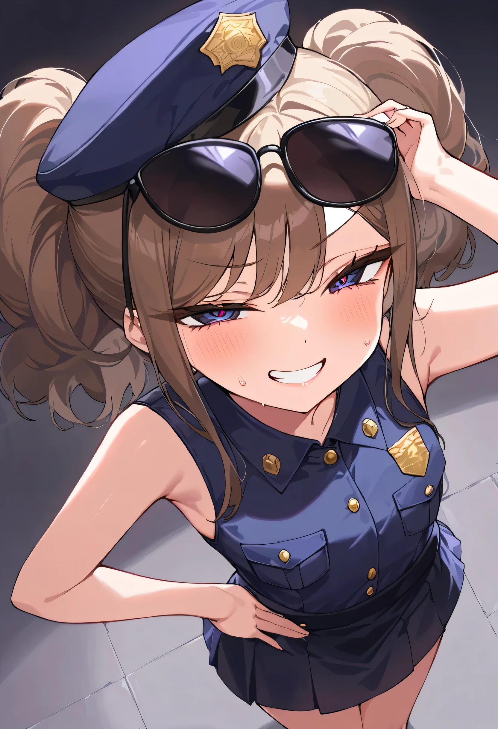 extremely detailed eyes, beautiful detailed face and features, high quality, best quality, hyper detailed, sharp focus, masterpiece, high resolution, extreme detail, 1 female, HD, 32K, masterpiece, Score_9,Score_8_up,Score_7_up,highest quality,best quality,,police,flat body,sexy,twin tails,brown hair,sunglasses on hair, sunglasses on head,mesugaki, evil smile, grin, half-closed eyes, v-shaped eyebrows,seductive,smile,full body,sexy girl,from above,very short police skirt,police cap,police uniform,hand on hip,police waman,
