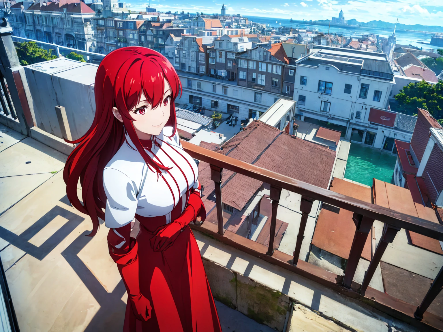 (( masterpiece , The best quality )), 8k wallpaper ,1 girl, long hair, Red hair, Alone, dress, red eyes,  looking at the spectator, long sleeves, standing, building, white dress, Gloves,  hair ornament , black jacket, smile, floating hair, dutch angle,  mouth shut,  looking away , outdoors