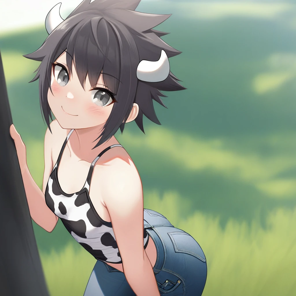 masterpiece, best quality, very aesthetic, absurdres, 1girl, small breasts, white horns, (white:1.3) (spiked hair:1.1), grey eyes, smile, cow print tank top, jeans, meadow