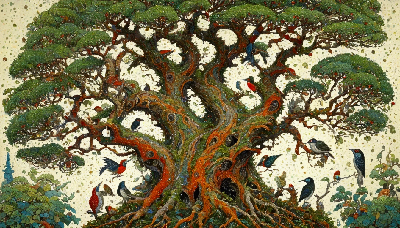 A detailed pointillistic abstract painting of multiple woodpeckers on a twisted, gnarled old bonsai tree with numerous holes and gaping openings, a trypophobia-inducing nightmare scene, in a high detail, vibrant pointillist style, quentin blake style, Mattias Adolfsson art, masterpiece, kay nielsen, AH_Signac, 4k  